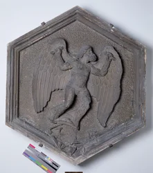 The Art of Flight, Daedalus, hexagonal decorative relief tile from a series depicting the practitioners of the Arts and Sciences, possibly based on designs by Giotto c.1334-48